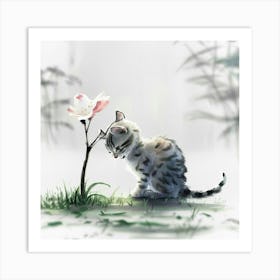 Little Kitten Looking At A Flower Art Print