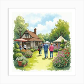 A Watercolor Of Locals Attending A Charming English Garden Show, With Floral Displays And Plants 1 Art Print