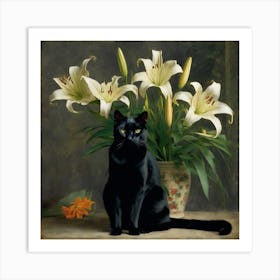 Black Cat With Lilies Art Print