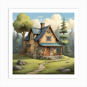 A Little House In The Woods Cartoon Drawing Art Print 1 Art Print