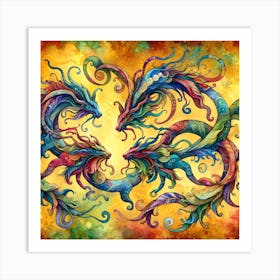 Dragons Watercolor Mythical Creatures Wall Art  Art Print