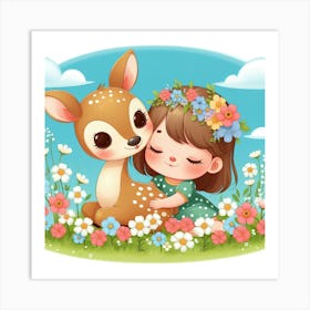 Little Girl And Deer 1 Art Print