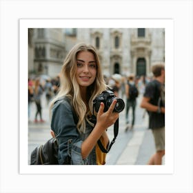 Young Woman Holding A Camera Art Print