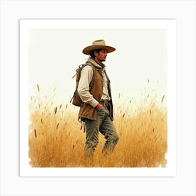 Spanish Man In A Field, Watercolor With Natural, Earthy Colors 1 Art Print