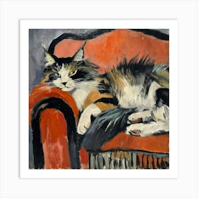 Cat On Red Chair Art Print