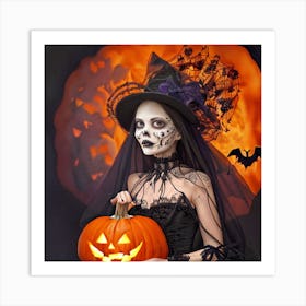 Halloween Girl With Pumpkin Photo Art Print