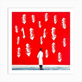 Abstract Illustration Of A Human Figure Pondering In A Sea Of White With Vivid Red Caution Signs Ch (3) Art Print