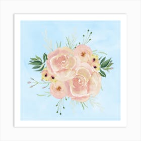 Pink Roses on Blue Watercolor Painting Art Print