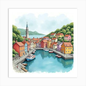 Charming Seaside Town In Watercolor, With Colorful Houses And Harbor Views Art Print