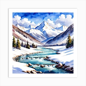 A Serene Watercolor Of A Snowy Mountain Range And A Flowing River 154038090 Art Print