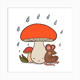 Mouse And Mushrooms On A Rainy Day Art Print