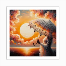 Woman Holding Umbrella At Sunset Art Print