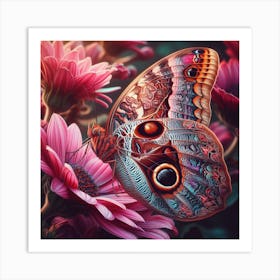 Butterfly On Pink Flowers 1 Art Print