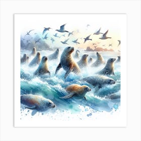 Sea Seals In Motion, Sea Seals Watercolour Art Print 3 Art Print