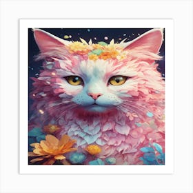 Pink Cat With Flowers Art Print