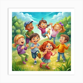 A Group Of Happy Children Playing In A Park Art Print