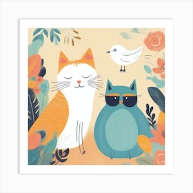 Two Cats And A Bird 2 Art Print