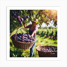 Plum Picking In The Orchard Art Print