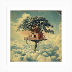 Vintage Art Of A Tree House Floating In The Sky Among Lots Of Clouds 23740056 Art Print