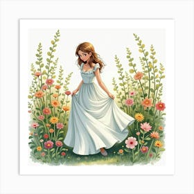 Lovely Dress Watercolor, Amidst A Lush, Blooming Garden Scene 1 Art Print