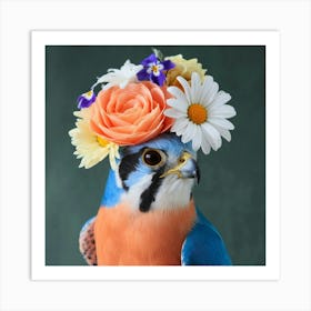 A Photo Of A Vividly Colored Bird, Possibly A Falcon Or Hawk, With Striking Blue And Orange Feathers Art Print