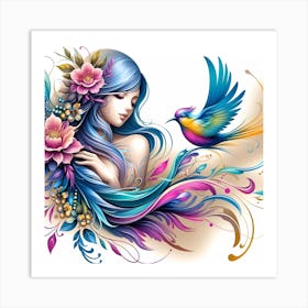 Girl With Flowers And A Bird Art Print