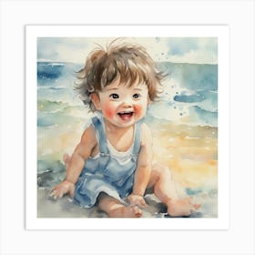 Watercolor Of A Baby On The Beach 1 Art Print