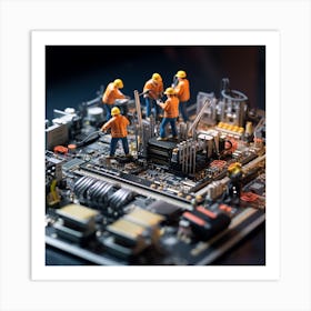 Miniature Workers On A Computer Motherboard Art Print