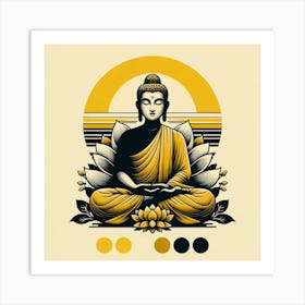 "Lotus Enlightenment" is an artful representation of the Buddha in serene meditation, adorned in golden robes and seated on a lotus, the symbol of purity and awakening. The backdrop, with its bold sun motif and stylized leaves, adds layers of symbolism, reflecting the Buddha's journey towards enlightenment. This artwork, with its balanced composition and calming color scheme, is ideal for cultivating an atmosphere of peace and introspection. It's a perfect piece for meditation spaces, living areas, or any setting where a touch of spiritual elegance is desired. "Lotus Enlightenment" is not just a visual treat; it's an invitation to embrace tranquility and mindfulness. Art Print