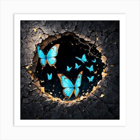 Blue Butterflies In A Hole, Blue Butterflies In A Brick Wall, Butterflies Emerging From A Cracked Dark Wall Representing Transformation And Hope Art Print