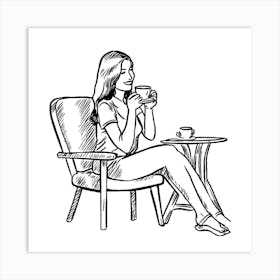 Woman Sitting In Chair Drinking Coffee Art Print