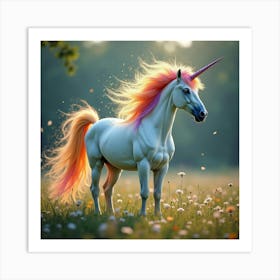 A Mythical Unicorn With A Flowing Mane Of Rainbow Colored Stardust In A Magical Meadow Art Print