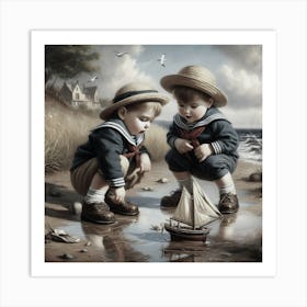 Two Boys Playing With A Boat Art Print