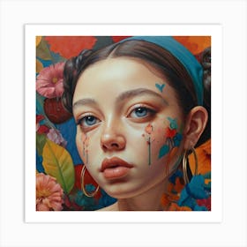 Girl With Flowers On Her Face Art Print