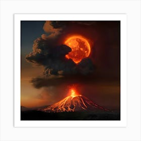 Moon Rises Over A Volcano Art Print