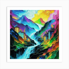 Abstract art stained glass art of a mountain village in watercolor 1 Art Print
