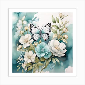 Watercolor Of Flowers And Butterflies 1 Art Print