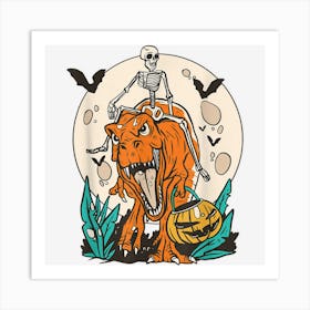 Skeleton Dinosaur Riding Costumes Group Funny Halloween 2022 Art Print