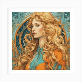 An Illustration Of A Woman In Costume With Long Curly Blonde Hair, In The Style Of Neon Art Nouvea (1) Art Print