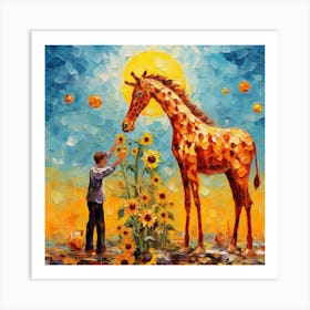 Sunflowers And Giraffe Art Print