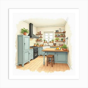 Classic Kitchen Watercolor, Refined Details, Warm Colors 1 Art Print