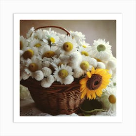 Daisies And Sunflower In A Basket Art Print