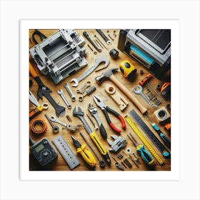 A flat lay shot of a variety of tools and hardware on a wooden surface. Art Print