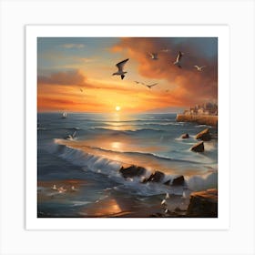 Seagulls At Sunset Art Print