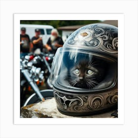 Black Cat In Motorcycle Helmet 1 Art Print