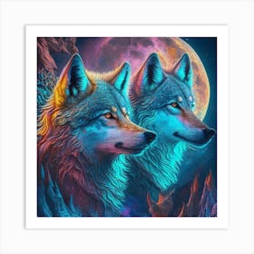 Two Wolves In Front Of The Moon 1 Art Print