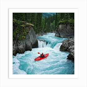 Riverine Expedition Capturing A Sportive Intensity Kayak Slicing Through A Cascade Of Raging Rapids Art Print