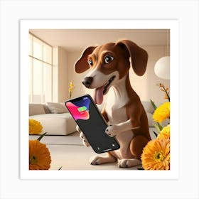 A Curious Brown Dog With Floppy Ears And A Wagging Tail, Its Tongue Lolling Out Of Its Mouth, Holds A Sleek Black Smartphone In Its Paw, Its Eyes Fixed Intently On The Screen EngEngages In An Animated Conversation, Surrounded By (2) Art Print