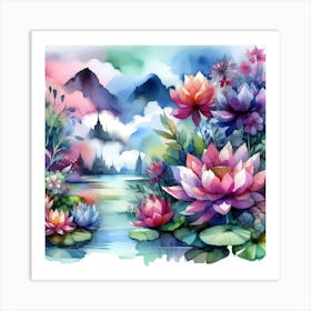 Watercolor Lotus Lily Painting Art Print