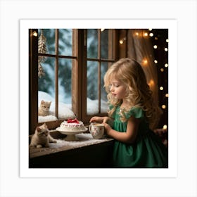 Blonde Child In Emerald Green Dress Red Bow Nestled In Hair Gazes Out A Frost Framed Window At A C Art Print